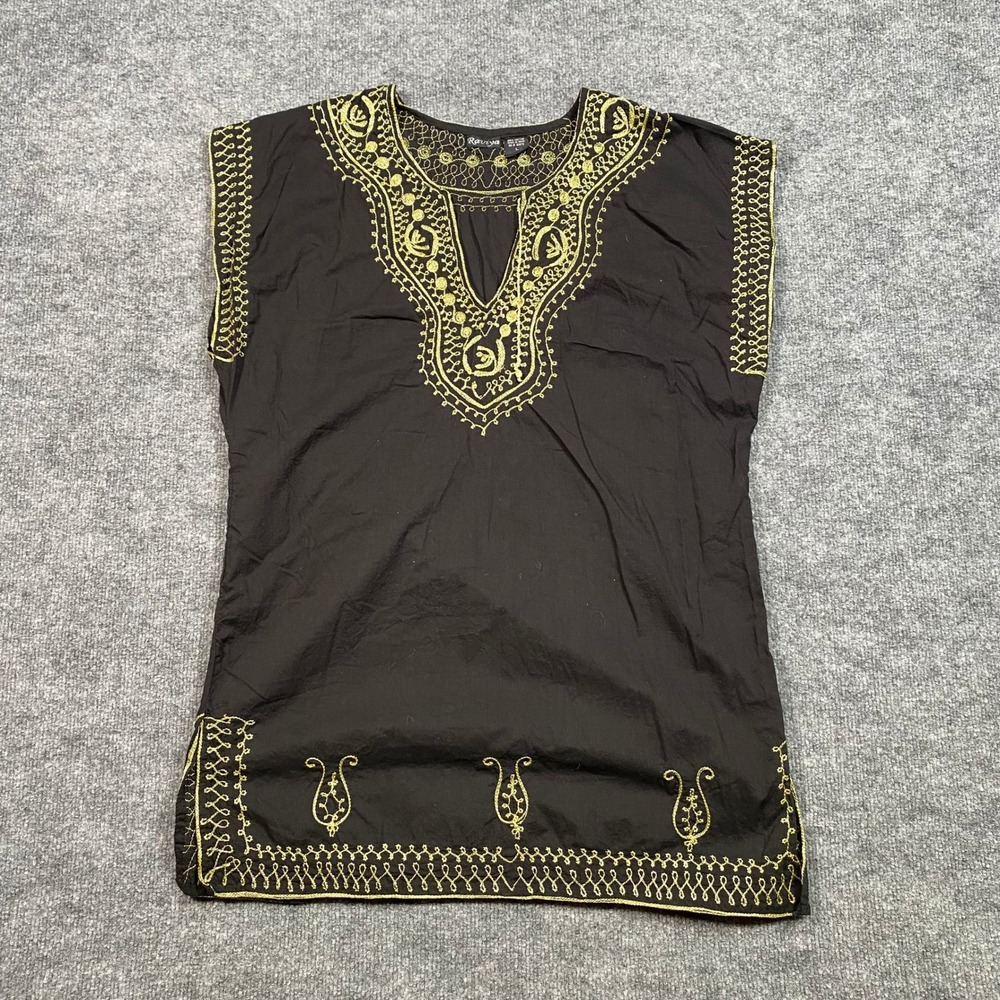 Raviya Womens Black Gold Embroidered Cotton Tunic Top Sleeveless Large India